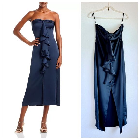 NWT Ramy Brook Black Label Venice Ruffle Front Satin Midi Dress in Navy Blue 10